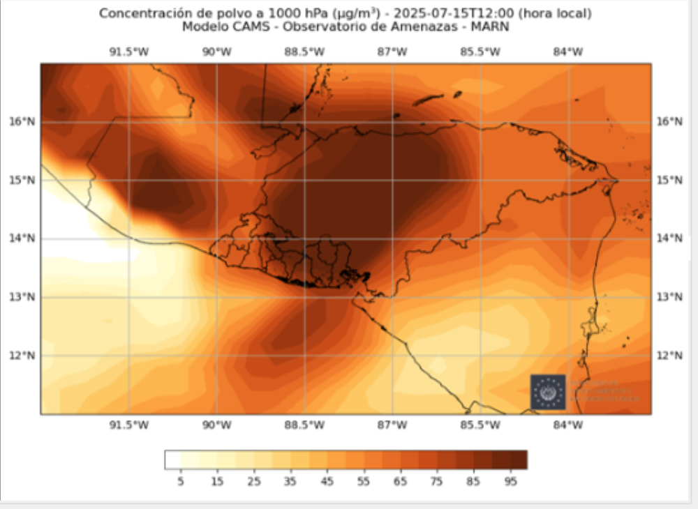 Concentraciones de polvo del Sahara sobre El Salvador para este martes y miércoles. / Medio Ambiente.