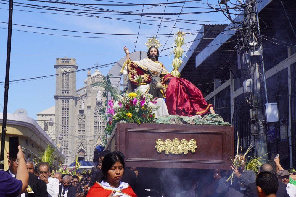 Cientos de feligreses católicos participan en la procesión del Domingo de Ramos