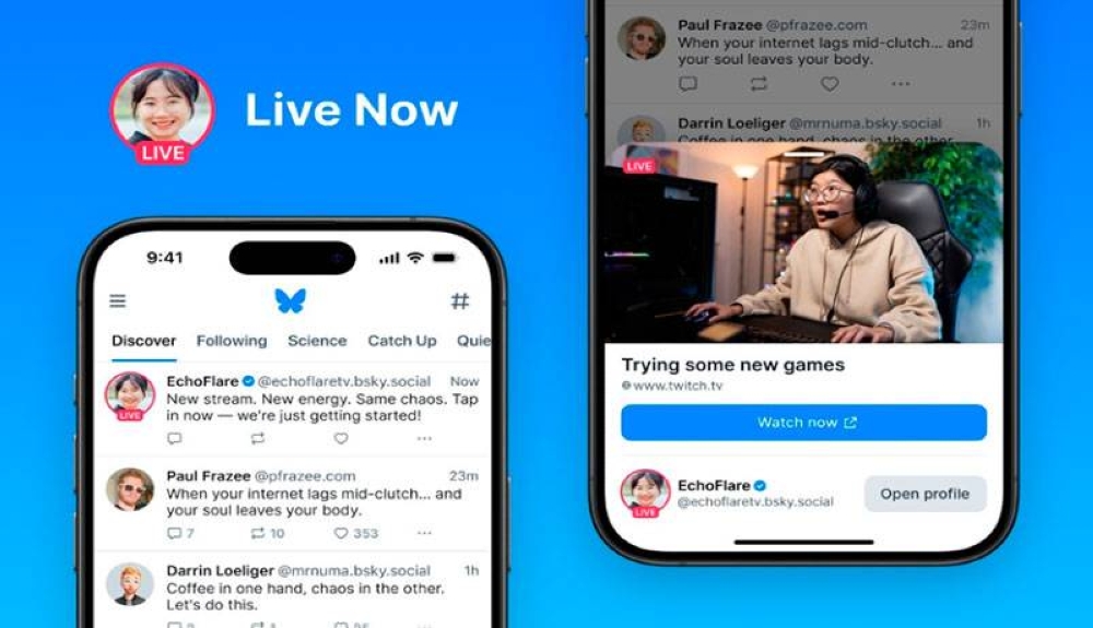 Bluesky permitirá compartir las retransmisiones en directo desde Twitch y YouTube