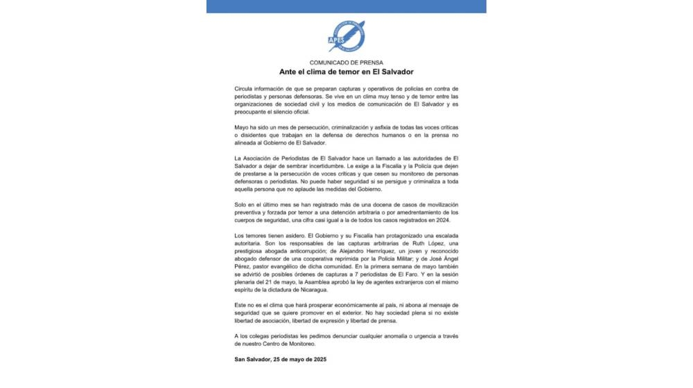 APES pide cese de persecución a periodistas y defensores de derechos humanos