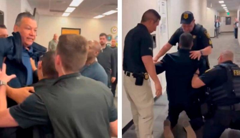 Seguridad sacan por la fuerza a senador demócrata de conferencia de la secretaria de Seguridad, Kristi Noem