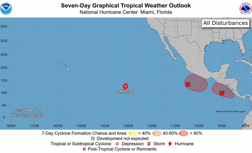 El Centro Nacional de Huracanes vigila la tormenta tropical Amanda y dos sistemas frente a México y Centroamérica.